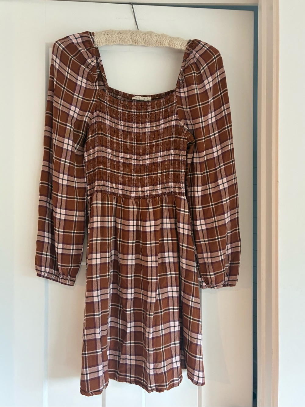 Copper Key Autumn Dress brown/pink plaid long sleeve smocked knee length Large